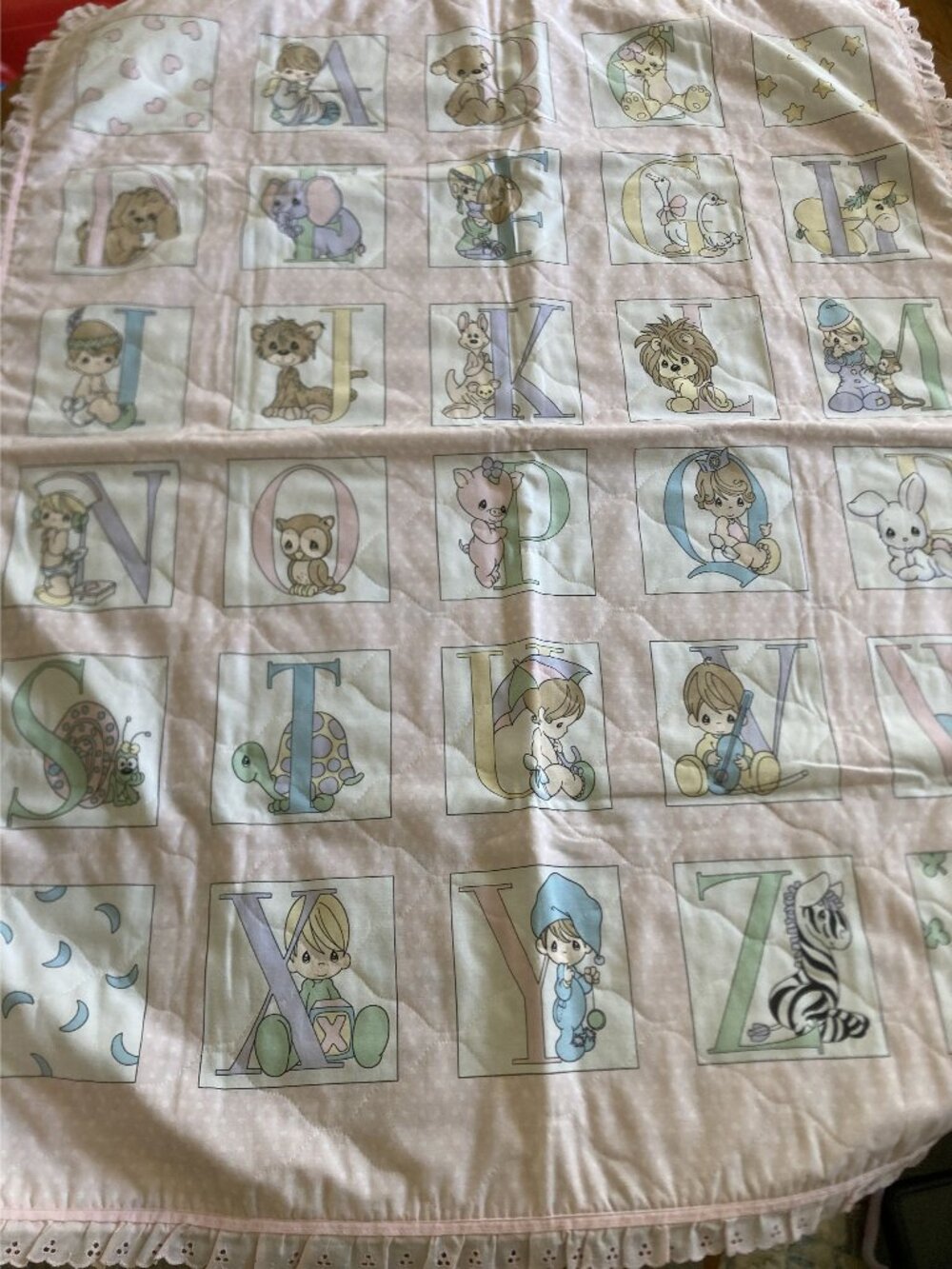 Vintage Handmade Precious Moments Pastel Baby Quilt With Ruffled Edges ABC